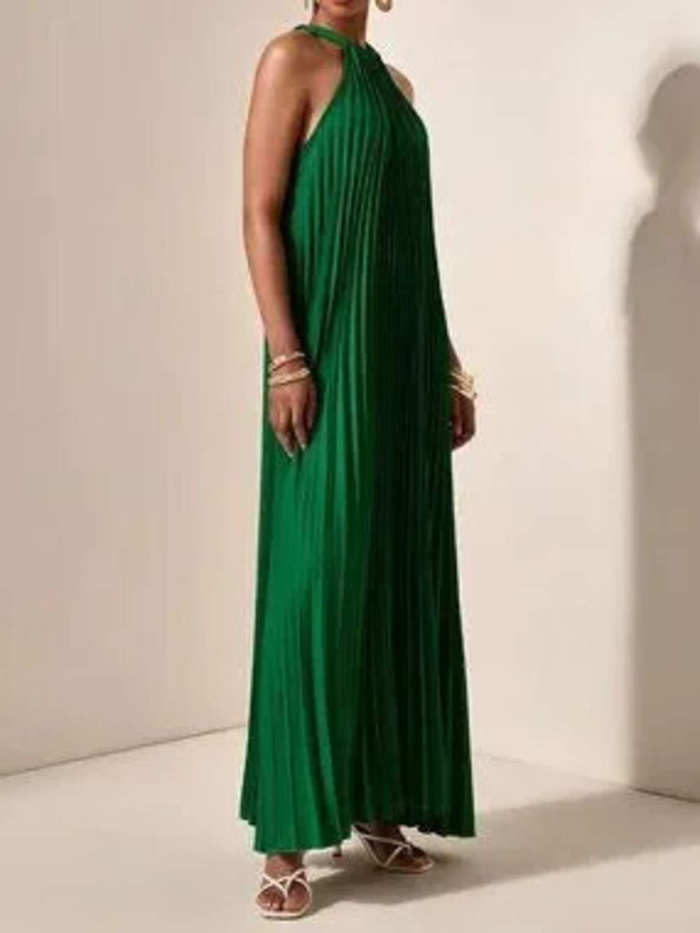 ZARA Green Casual Women's Halterneck Sleeveless Pleated A-Hem Loose Dress